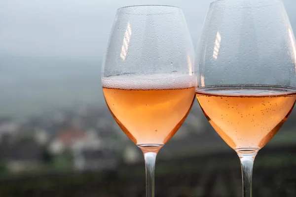 Tasting Premier Cru Sparkling Rose Wine Bubbles Champagne Outdoor View — Fotografia de Stock