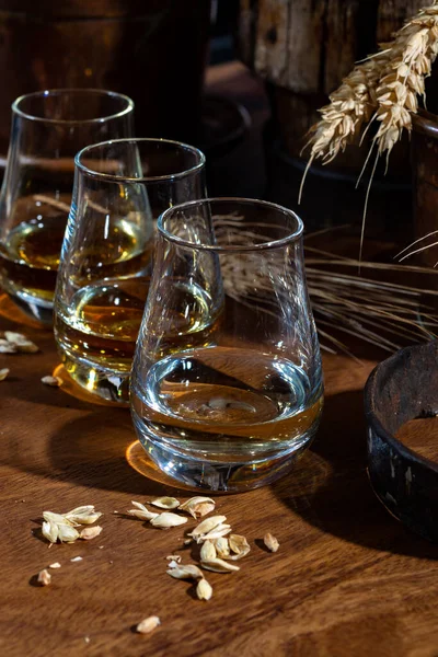 Speyside scotch whisky tasting glasses on old dark wooden vintage table with barley grains close up