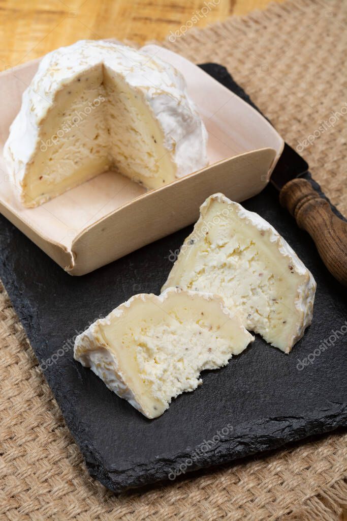 Colección de quesos, queso francés de vaca blanda con molde Gaperon artesanal lavado con granos