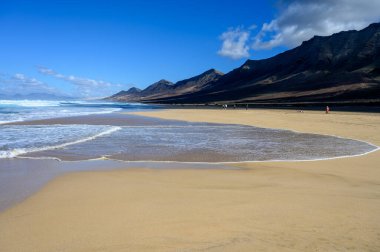 Fuerteventura, Kanarya Adaları 'ndaki sıradağların arkasına gizlenmiş altın kumlu, uzun kahve plajına ulaşmak zor.