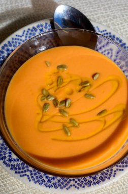 Famous vegetables cold soup from Cordoba, Andalusia salmorejo served cold in cafe for lunch as starter dish close up