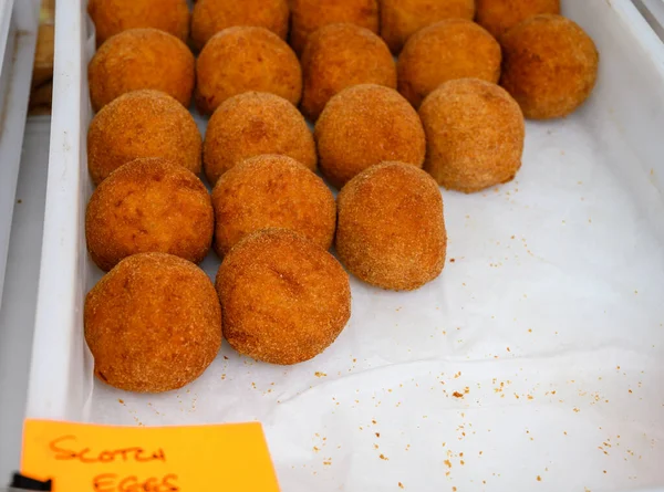 Traditional Street Food Stuffed Fried Scotch Eggs Breadcrumbs Close — Stock Photo, Image