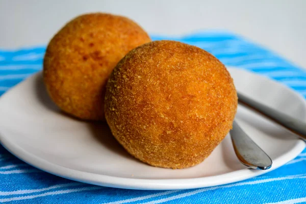 Traditional Street Food Stuffed Fried Scotch Eggs Breadcrumbs Close — kuvapankkivalokuva