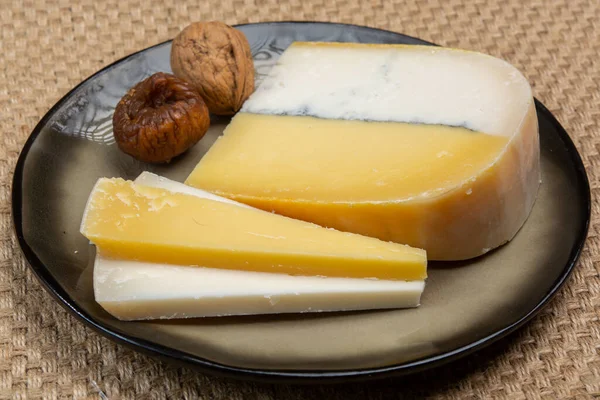 色彩艳丽的双层荷兰奶酪 用牛奶和羊奶制成的硬奶酪 里面有一层黑色的霉菌 关门了 — 图库照片