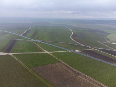 Winter cloudy aerial view on Val de Livre en gran cru vineyards of famous champagne houses in Montagne de Reims, Champagne, wine making in France