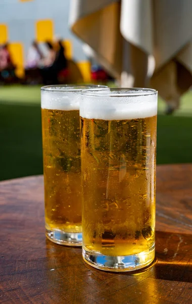 Fresh Draught Lager Ipa Beer Glass Served Outdoor Cafe Close — Stok fotoğraf