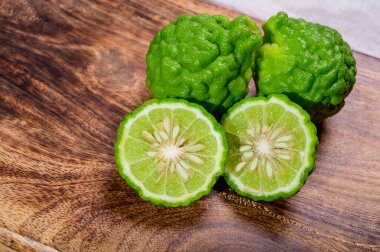 Citrus hystrix, green kaffir lime or makrut lime, citrus fruit native to tropical Southeast Asia. Fruit and leaves used in Southeast Asian cuisine, essential oil is used in perfumery for intense citrus fragrance.