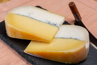 Renkli duble Hollanda peyniri, inek sütü ve keçi sütünden yapılmış sert peynir içinde siyah küf tabakası olan, kapat.