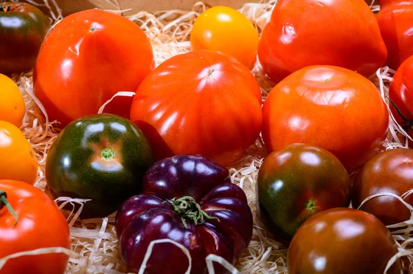 夏天普罗旺斯农贸市场上木箱中的成熟的法国西红柿品种 — 图库照片