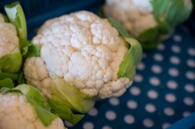 Büyük beyaz organik karnabahar, markette kutuda lahana.