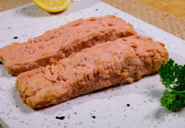 Tasty vegetarian vegan fish free salmon steak, plant based healthy food