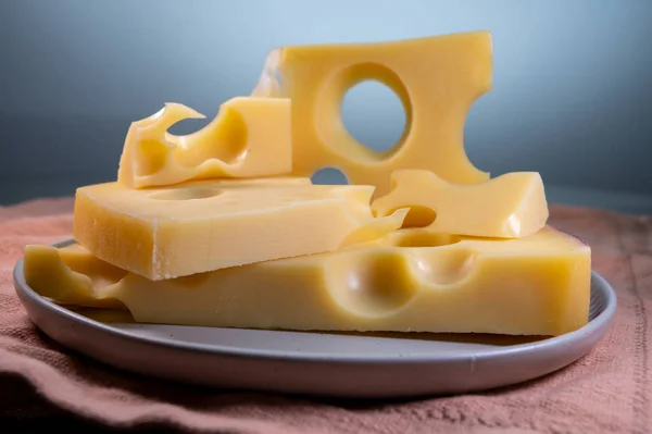 Swiss Cheese Collection Yellow Emmentaler Emmental Cheese Holes Close — Stock Photo, Image