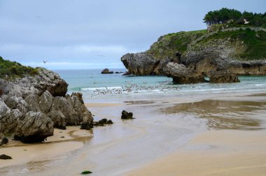Celorio köyündeki Playa de Palombina Las Camaras 'ın manzarası, Kuzey İspanya, Asturias' ın yeşil kıyıları, kumlu plajları, kayalıkları, gizli mağaraları, yeşil tarlaları, ormanları ve dağları olan.