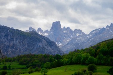 Kuzey İspanya 'nın Asturias kentindeki Picos de Europa' nın Macizo Orta Bölgesi 'nde yer alan Paleozoik Çağ' dan kalma kireçtaşı zirvesi Naranjo de Bulnes veya Picu Urriellu 'nun görüntüsü
