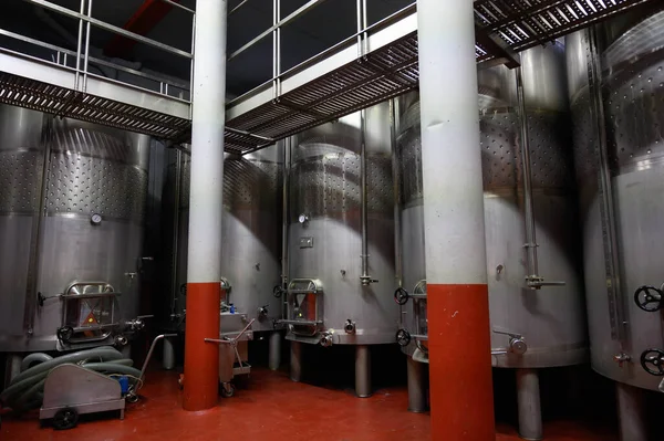 意大利现代生物葡萄酒生产厂 西班牙用于发酵葡萄酒葡萄的无氧钢罐 — 图库照片