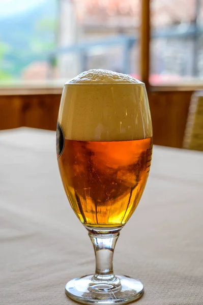 鲜饮啤酒或Ipa啤酒是在室内咖啡店就近供应的玻璃杯 一杯啤酒是在近端供应的 — 图库照片