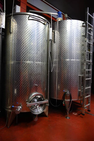Modern Bio Wine Production Factory Italy Inox Steel Tanks Used Stock Photo