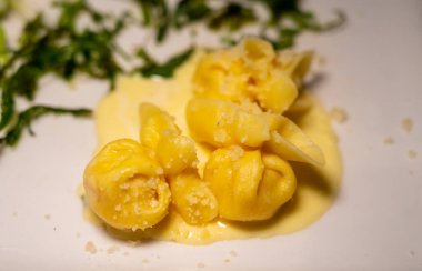 İtalyan yemeği, taze ev yapımı balkabağı dolması tortellini ya da parmesan parmesanlı İtalyan peyniri soslu ravioli hamuru ve beyaz tahtada kurutulmuş roket salatası.