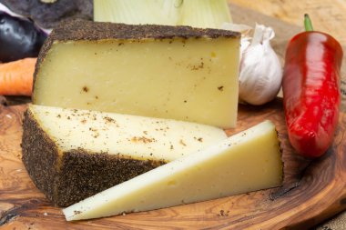 Peynir koleksiyonu, yıllanmış İtalyan koyun peyniri Sicilya adasından kara pecorino ya da pecorino nero di Sicilya yakın plan