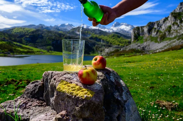 stock image Pouring of natural Asturian cider made from fermented apples from green bottle and high height with view on Covadonga lake and tops of Picos de Europa mountains, North of Spain