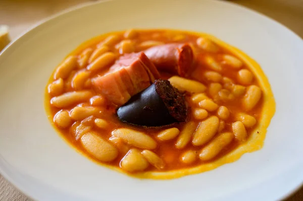 Fabada Asturiana Asturian Bean Guláš Španělsko Teplé Těžké Jídlo Podávané — Stock fotografie