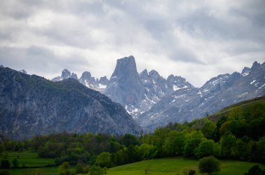 Kuzey İspanya 'nın Asturias kentindeki Picos de Europa' nın Macizo Orta Bölgesi 'nde yer alan Paleozoik Çağ' dan kalma kireçtaşı zirvesi Naranjo de Bulnes veya Picu Urriellu 'nun görüntüsü
