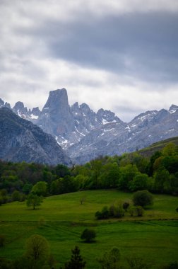 Kuzey İspanya 'nın Asturias kentindeki Picos de Europa' nın Macizo Orta Bölgesi 'nde yer alan Paleozoik Çağ' dan kalma kireçtaşı zirvesi Naranjo de Bulnes veya Picu Urriellu 'nun görüntüsü