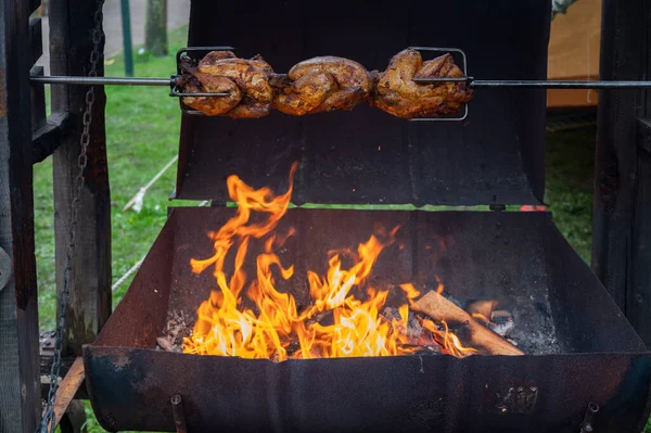 Ortaçağ müzesinde ahşap mangal ızgarasında kızartılmış bütün tavuklar.