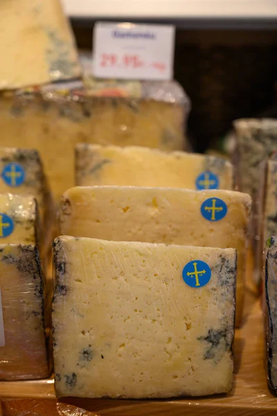 stock image Tasting of Cabrales, blue cheese made by rural dairy farmers in Asturias, Spain from unpasteurized cows milk blended with goat or sheep milk small zone of production Picos de Europa