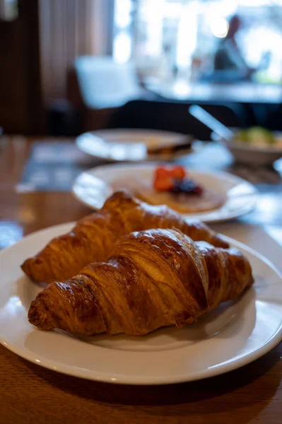 Two Fresh Baked Puff Croissants Traditional French Breakfast Close — Stock Photo, Image