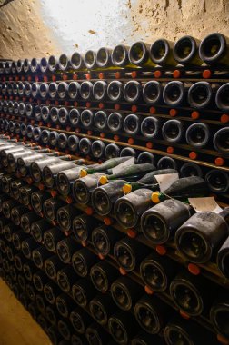 Yeraltındaki mağaralarda, ahşap raflarda şişelerle yürüyoruz. Geleneksel şampanya yapımı Chardonnay ve Epernay, Champagne, France 'da siyah üzümler.