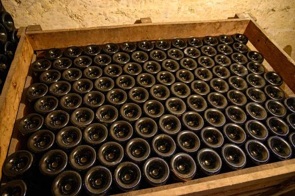 동굴에서 걸어가는 전통적 샴페인 거품이이는 포도주를 만들고 프랑스의 에페네 샹파뉴에 — 스톡 사진