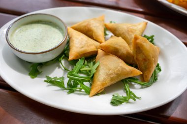 Geleneksel Orta Doğu atıştırmalıkları nane soslu doldurulmuş sebzeli samosa turtaları.