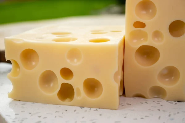 Cheese Collection Block French Hard Cheese Holes Emmentaler Close — Stock Photo, Image