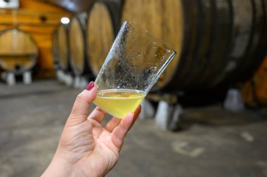 Aylarca fıçılarda mayalanmış elmalardan yapılan geleneksel doğal Asturya şarabı büyük bir yükseklikten dökülmeli, böylece suya bol miktarda hava kabarcığı dökülmeli..