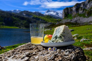 Mayalanmış elmalardan yapılmış bir bardak Asturian şarabı, Covadonga gölleri ve Picos de Europa dağlarının tepeleri manzaralı mavi inek peyniri, İspanya