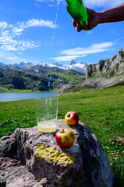 stock image Pouring of natural Asturian cider made from fermented apples from green bottle and high height with view on Covadonga lake and tops of Picos de Europa mountains, North of Spain