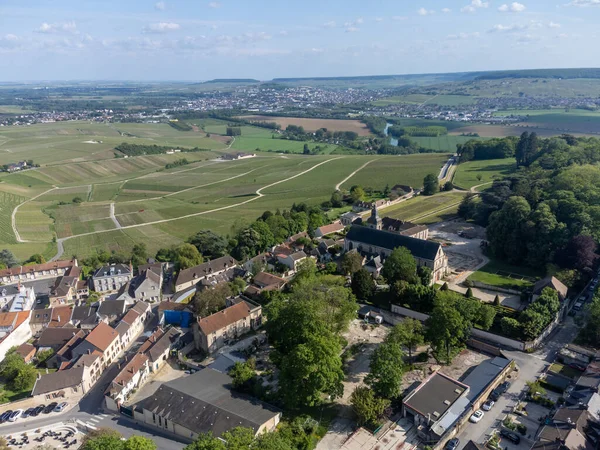 stock image Panoramic aerial view on green premier cru grapes champagne vineyards near village Hautvillers and Marne river valley, Champange, France