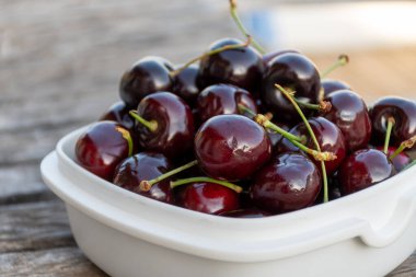 Fransa 'nın Provence şehrinde yeni olgun koyu kırmızı kiraz meyvesi hasadı.