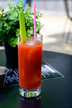 Çiğ organik taze domates suyu, tuzlu ve kereviz çubuklu cam.