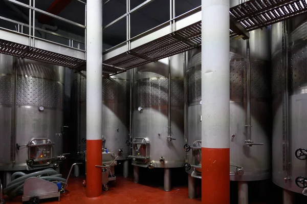 意大利现代生物葡萄酒生产厂 西班牙用于发酵葡萄酒葡萄的无氧钢罐 — 图库照片