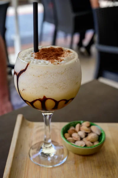 Glaass Ice Frappuccino Coffee Whipped Cream Chocolate Ice Cubes Served — Stock Fotó