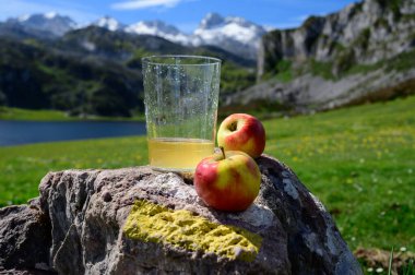 Elmalı mayalanmış elmadan yapılmış doğal Asturian şarabı. Covadonga Gölü manzaralı. Picos de Europa dağlarının tepeleri, İspanya.