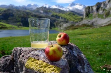 Elmalı mayalanmış elmadan yapılmış doğal Asturian şarabı. Covadonga Gölü manzaralı. Picos de Europa dağlarının tepeleri, İspanya.