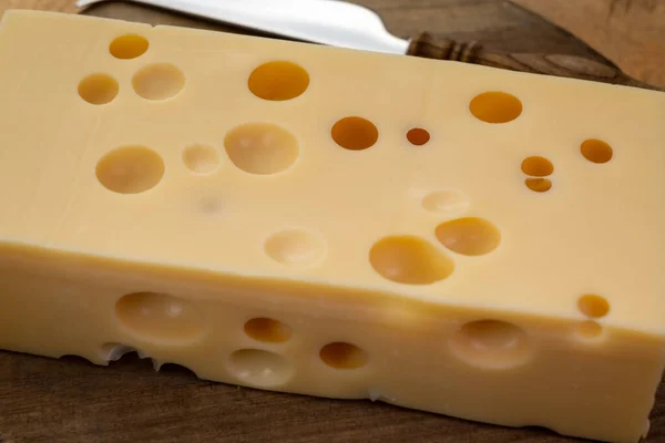 Cheese Collection Block French Hard Cheese Holes Emmentaler Close — Stock Photo, Image