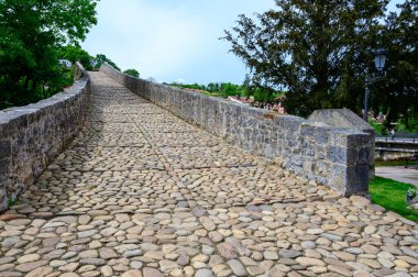 Cangas de Onis, eski Roma harabeleri ve köprüsü olan dağ köyü, Picos de Europa dağları, Asturias, İspanya 'nın kuzeyi.