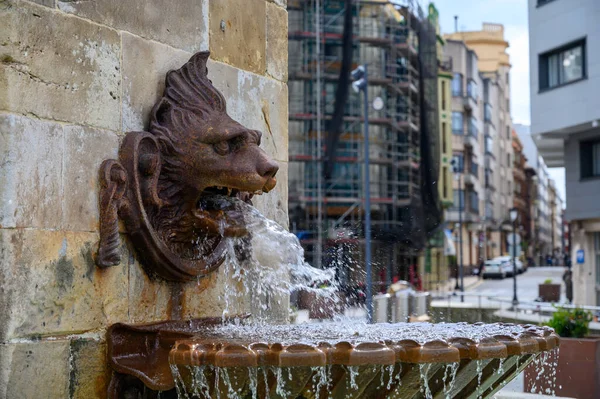 在西班牙阿斯图里亚斯吉洪的老城区散步 老狮子喷泉 — 图库照片