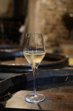 Büyük Cru şarabının tadı köpüklü, köpüklü, köpüklü beyaz şarap Grand Cru şarap üreticisi küçük bir köy olan Cramant, Champagne, Fransa 'daki eski şampanya mağaralarının şampanyası.