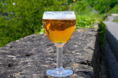 Güneşli yaz gününde eski şato duvarında Belçika manastırı birası. Eski kasaba Bouillon, Belçika 'nın güzel manzarası var.