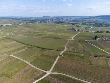Hautvillers, Cumieres ve Marne River Valley, Champange, Fransa yakınlarındaki yeşil başbakanın panoramik hava manzaralı cru şampanya bağları ve tarlaları